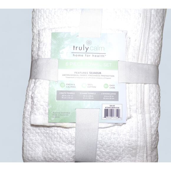 Truly Calm Towels Set of 6, 100% Cotton Antimicrobial NWT White - Picture 2 of 3